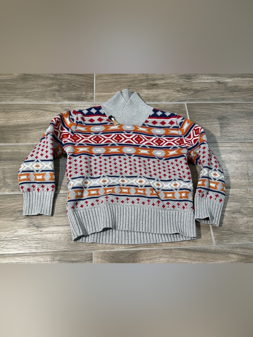 Genuine Kids OshKosh Boys 5T Pullover Sweater Fair Isle Winter Gray Cowl Neck